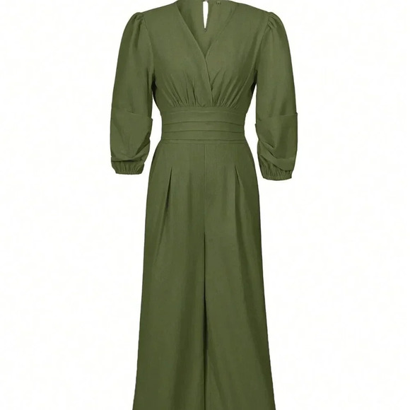 Army Green Elegant Women's Casual Solid Color Lantern Sleeve Jumpsuit - Picture 3 of 9